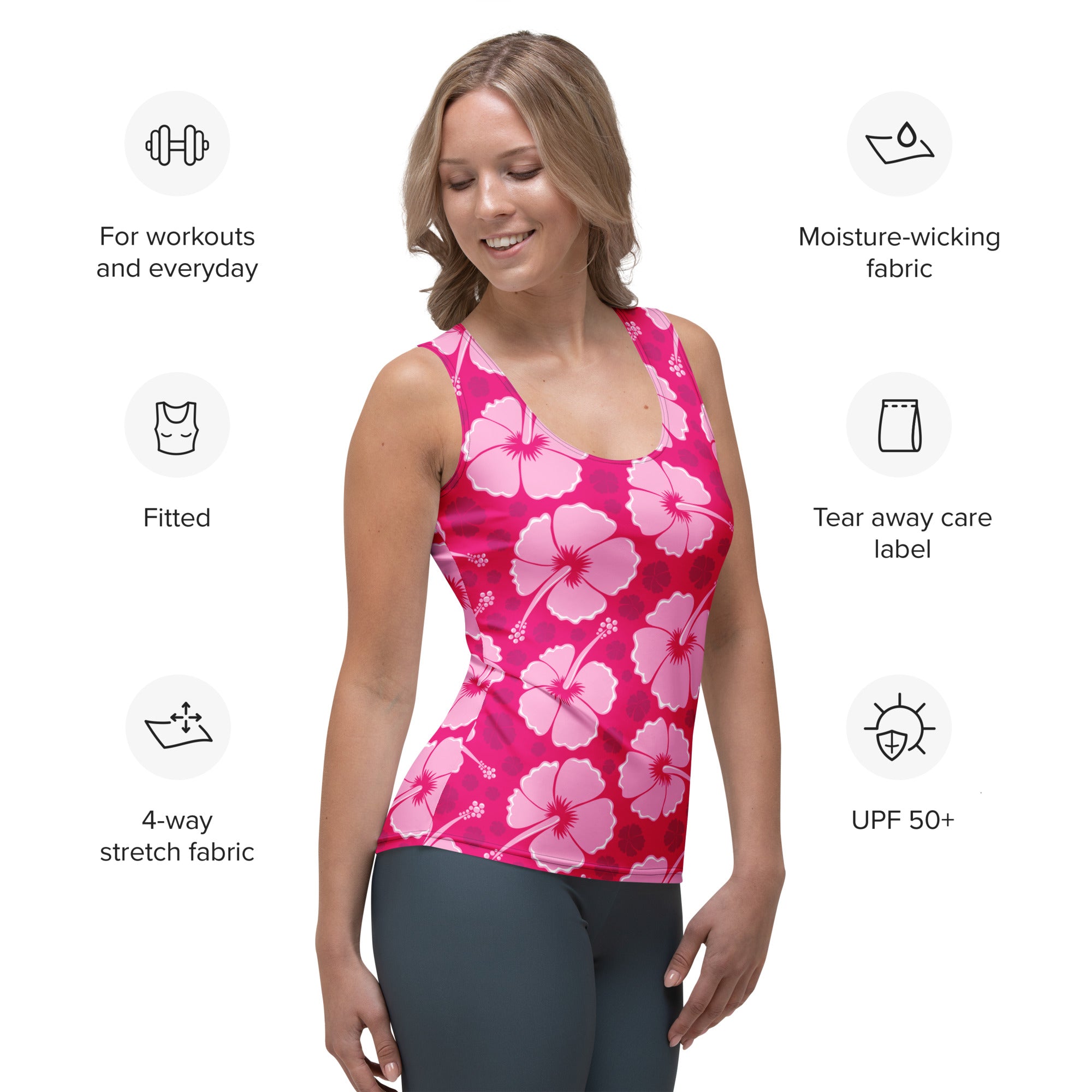 Women’s tropical pink hibiscus floral tank top with quick drying, buttery soft, moisture-wicking 4-way stretch fabric