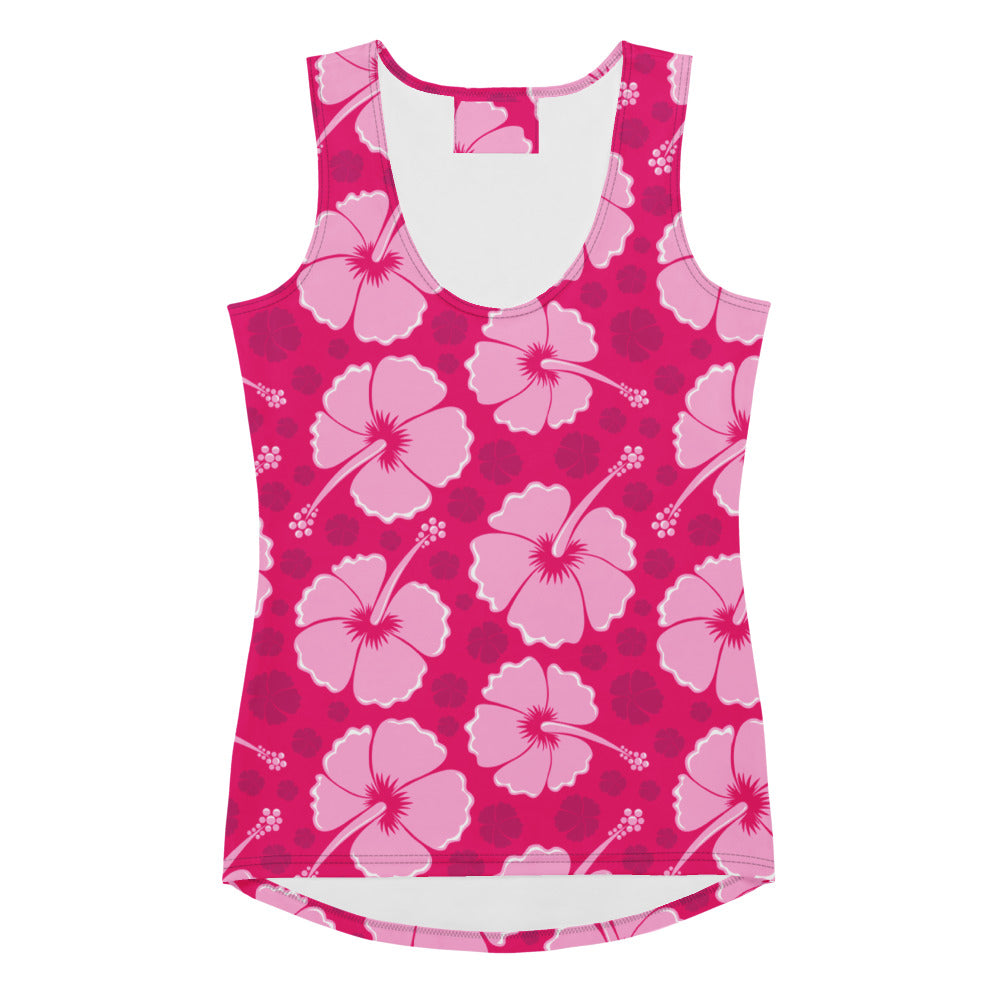 A vibrant pink womens tank top with bold light pink hibiscus floral pattern and dark pink polka dots made of buttery soft fabric with UPF 50 plus