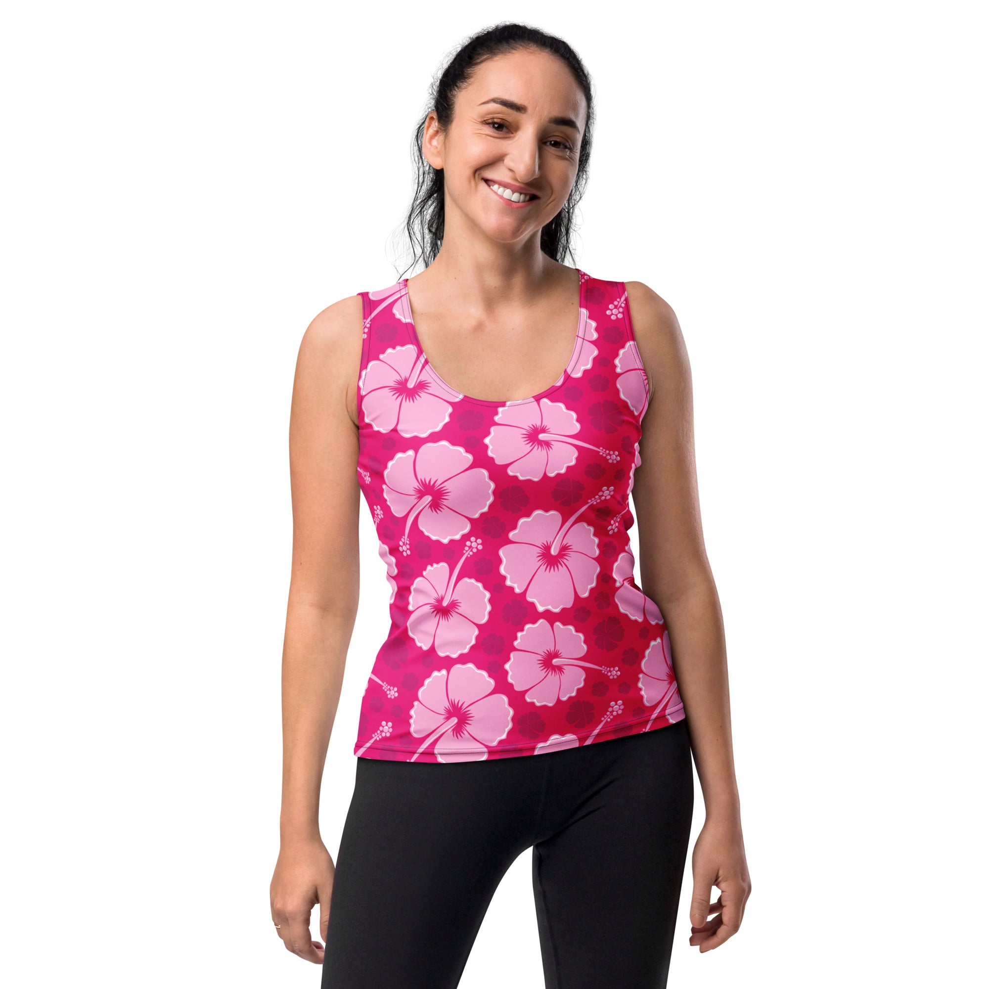 A vibrant pink sleeveless tropical hibiscus floral tank top with quick drying buttery soft fabric and UPF 50 plus protection