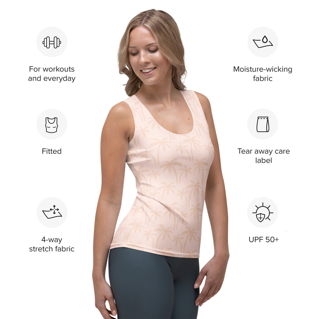 Women’s light beige palm tree tank top with light pink subtle palm leaf pattern made from quick drying stretchy fabric