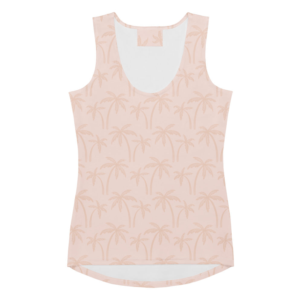 A soft pink sleeveless tank top with subtle palm tree pattern made of quick drying buttery soft fabric with UPF 50+
