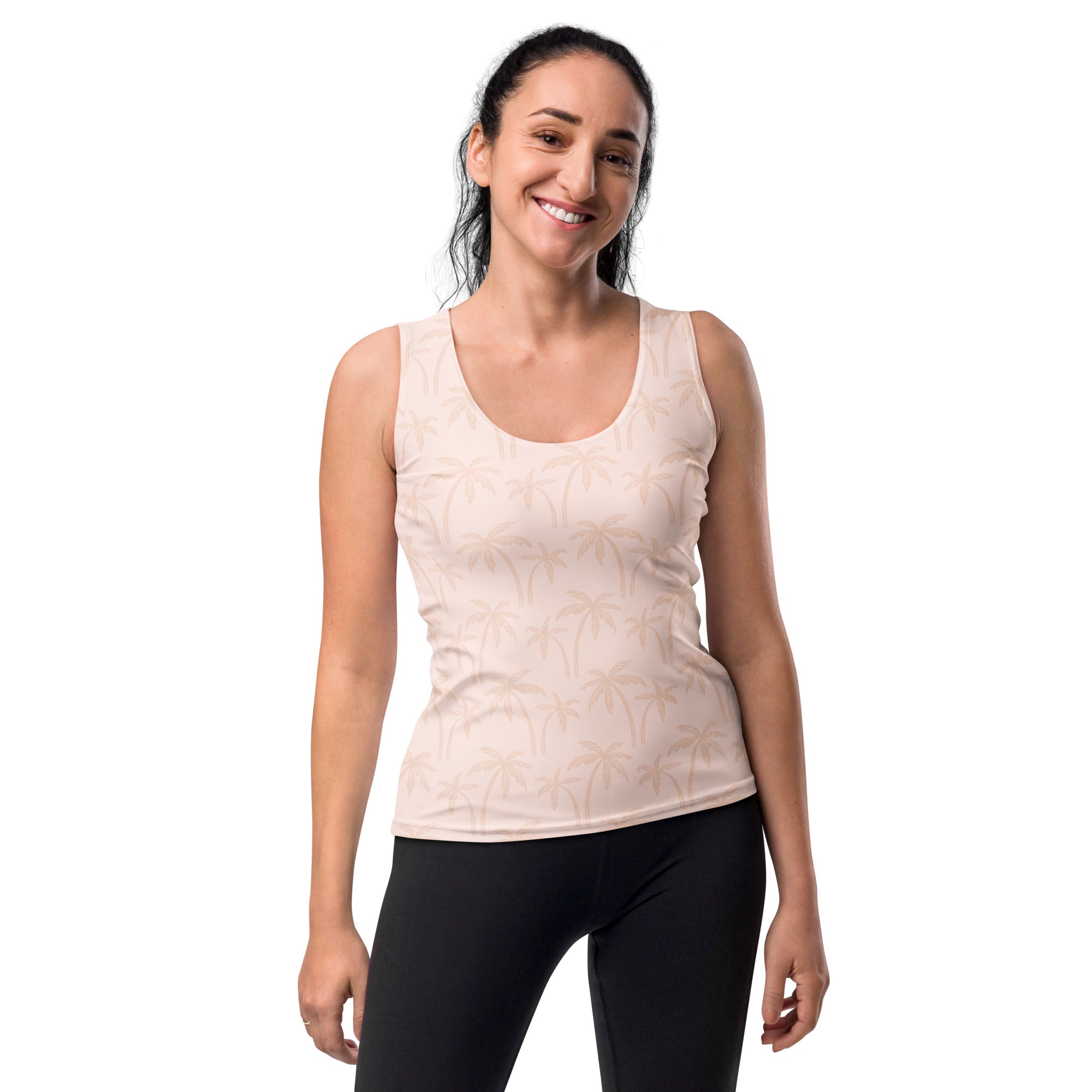 Women’s light beige palm tree tank top made of buttery soft quick drying fabric with upf 50 plus protection