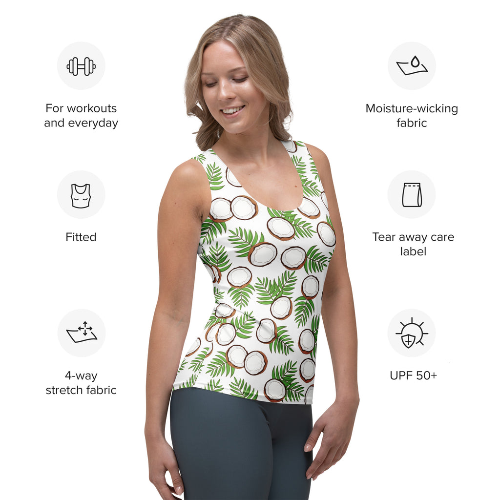 White tank top with tropical coconut and palm leaf print made from moisture-wicking 4-way stretch fabric