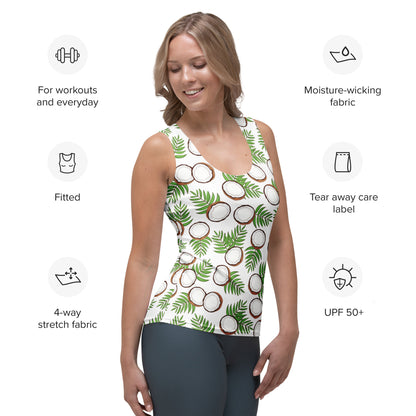 Women's Coconut and Palm Leaf Print Tank Top - Quick Drying, Buttery Soft Fabric With UPF 50+