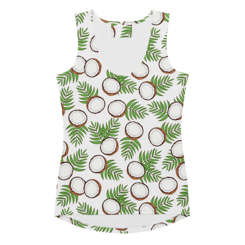 White tank top with vibrant coconut and palm leaf print made from quick drying buttery soft fabric with upf 50+