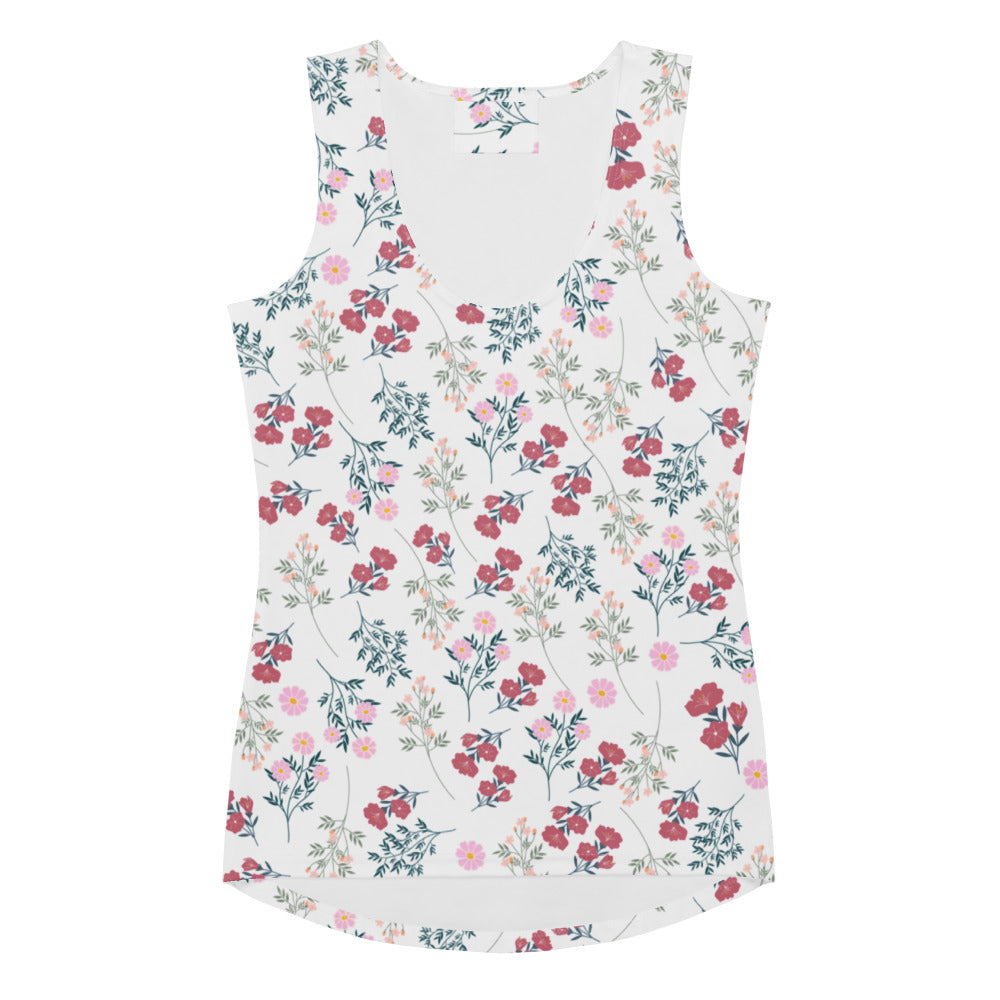 White sleeveless tank top with pink red floral pattern quick drying buttery soft fabric upf 50 plus