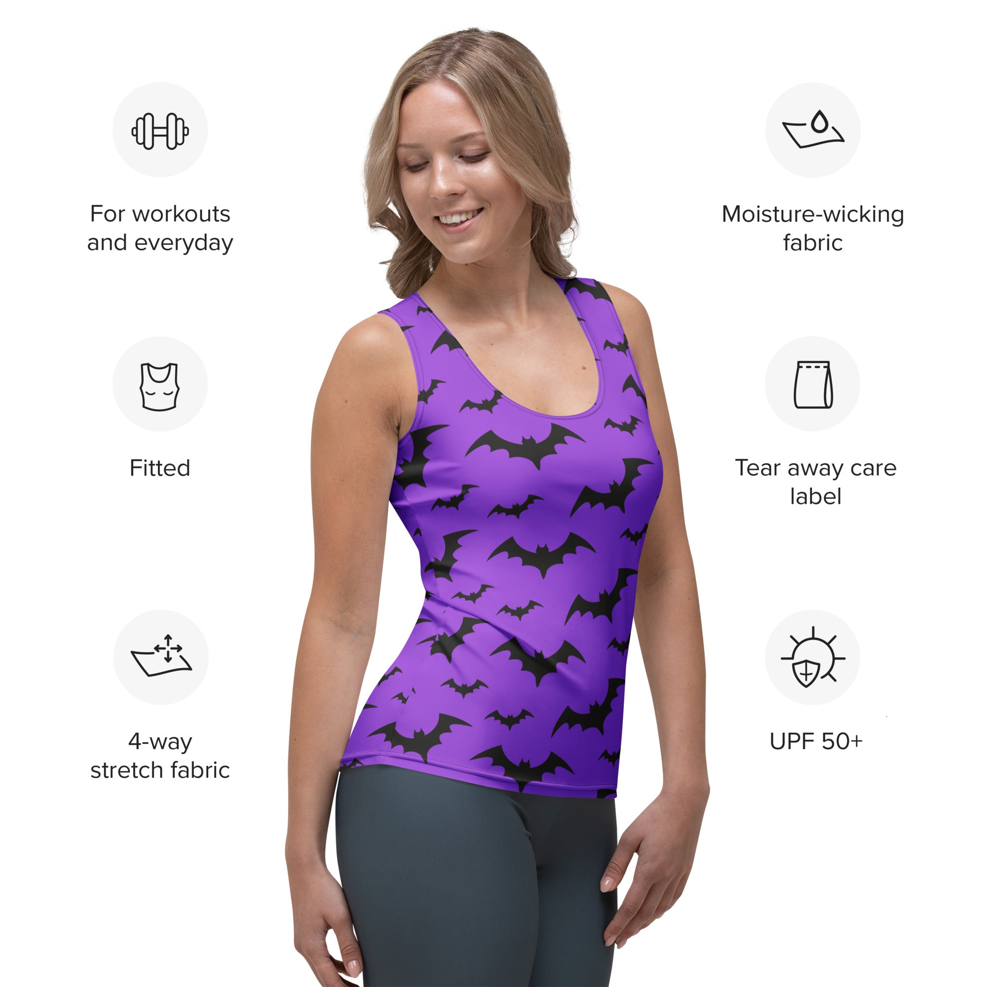 Women's Purple Bats Halloween Tank Top - Quick Drying, Buttery Soft Fabric With UPF 50+