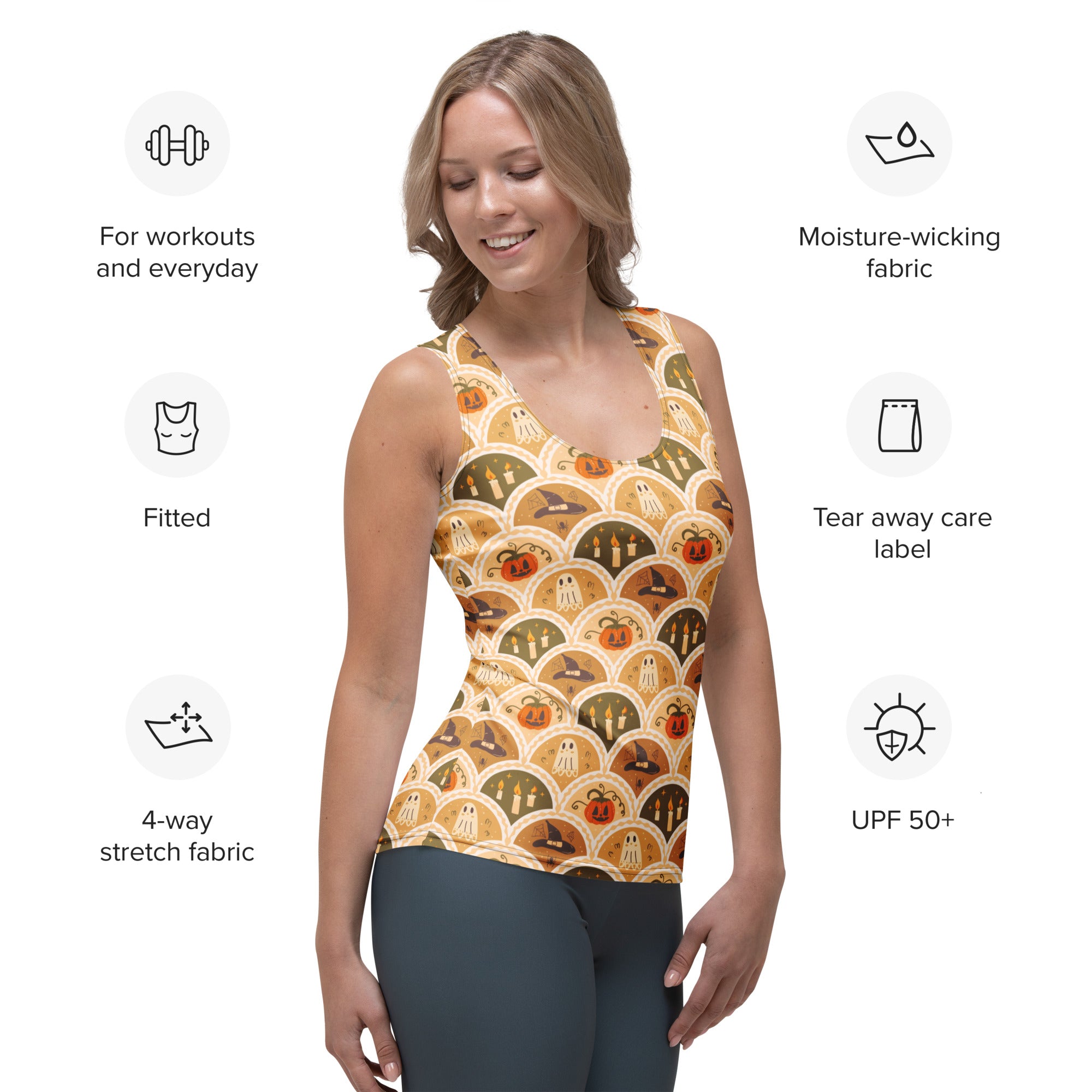 Women's Halloween Ghost & Pumpkin Tank Top - Quick Drying, Buttery Soft Fabric With UPF 50+