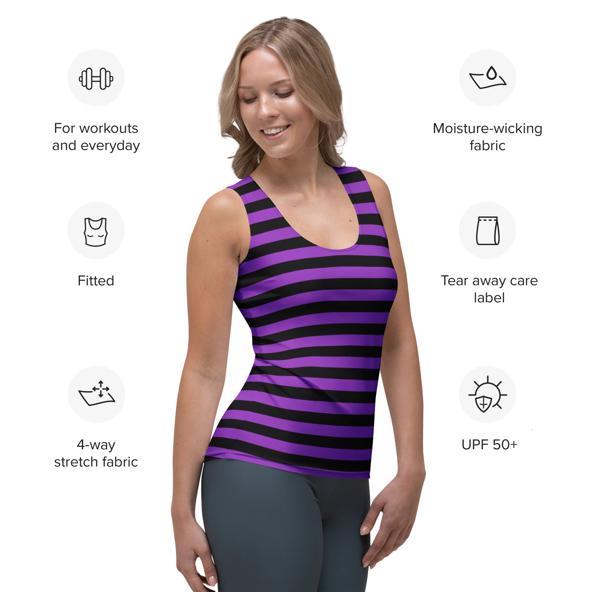 Women's Purple and Black Striped Halloween Tank Top - Quick Drying, Buttery Soft Fabric With UPF 50+