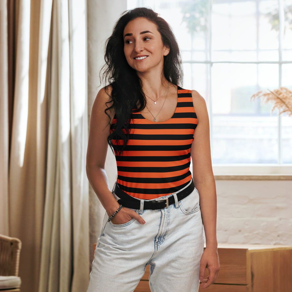 Women's Orange and Black Striped Halloween Tank Top - Quick Drying, Buttery Soft Fabric With UPF 50+