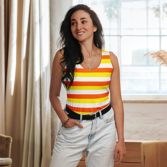 Women's Candy Corn Stripes Halloween Tank Top - Quick Drying, Buttery Soft Fabric With UPF 50+