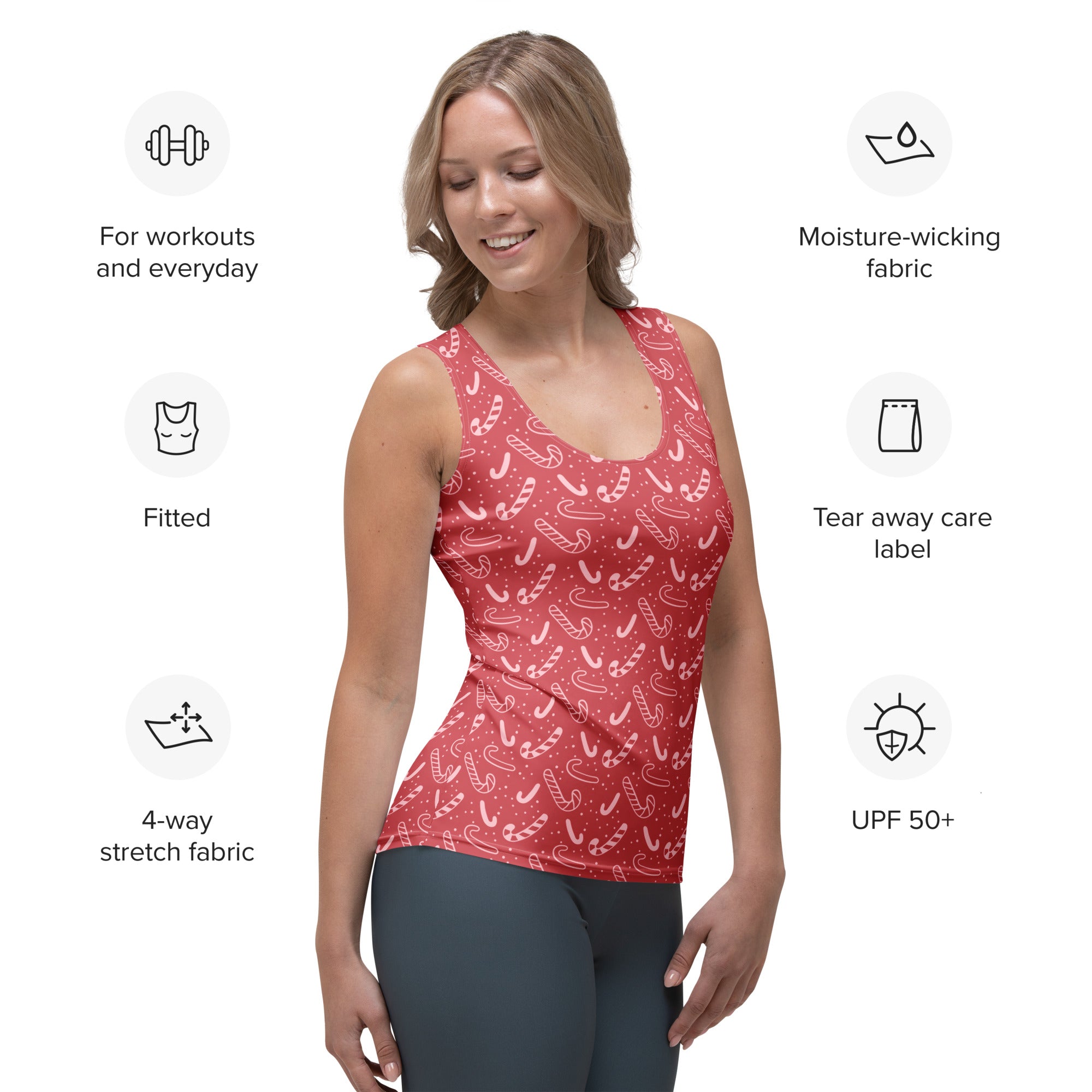 Women's Red Candy Cane Christmas Tank Top - Quick Drying, Buttery Soft Fabric With UPF 50+
