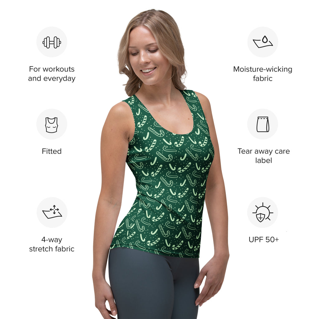 Women's Green Candy Cane Christmas Tank Top - Quick Drying, Buttery Soft Fabric With UPF 50+