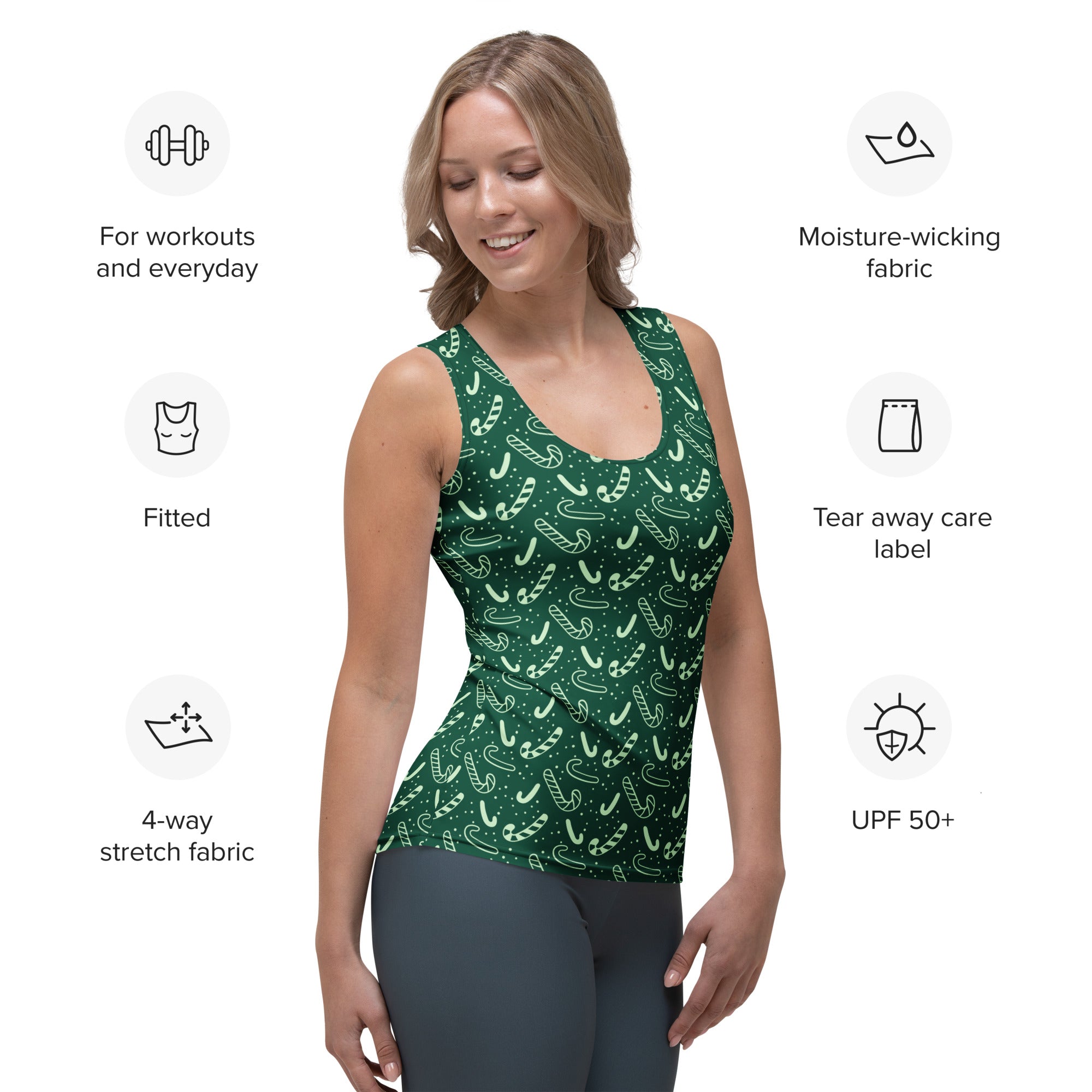 Women's Green Candy Cane Christmas Tank Top - Quick Drying, Buttery Soft Fabric With UPF 50+