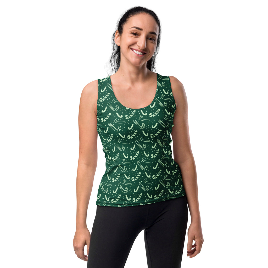 Women's Green Candy Cane Christmas Tank Top - Quick Drying, Buttery Soft Fabric With UPF 50+