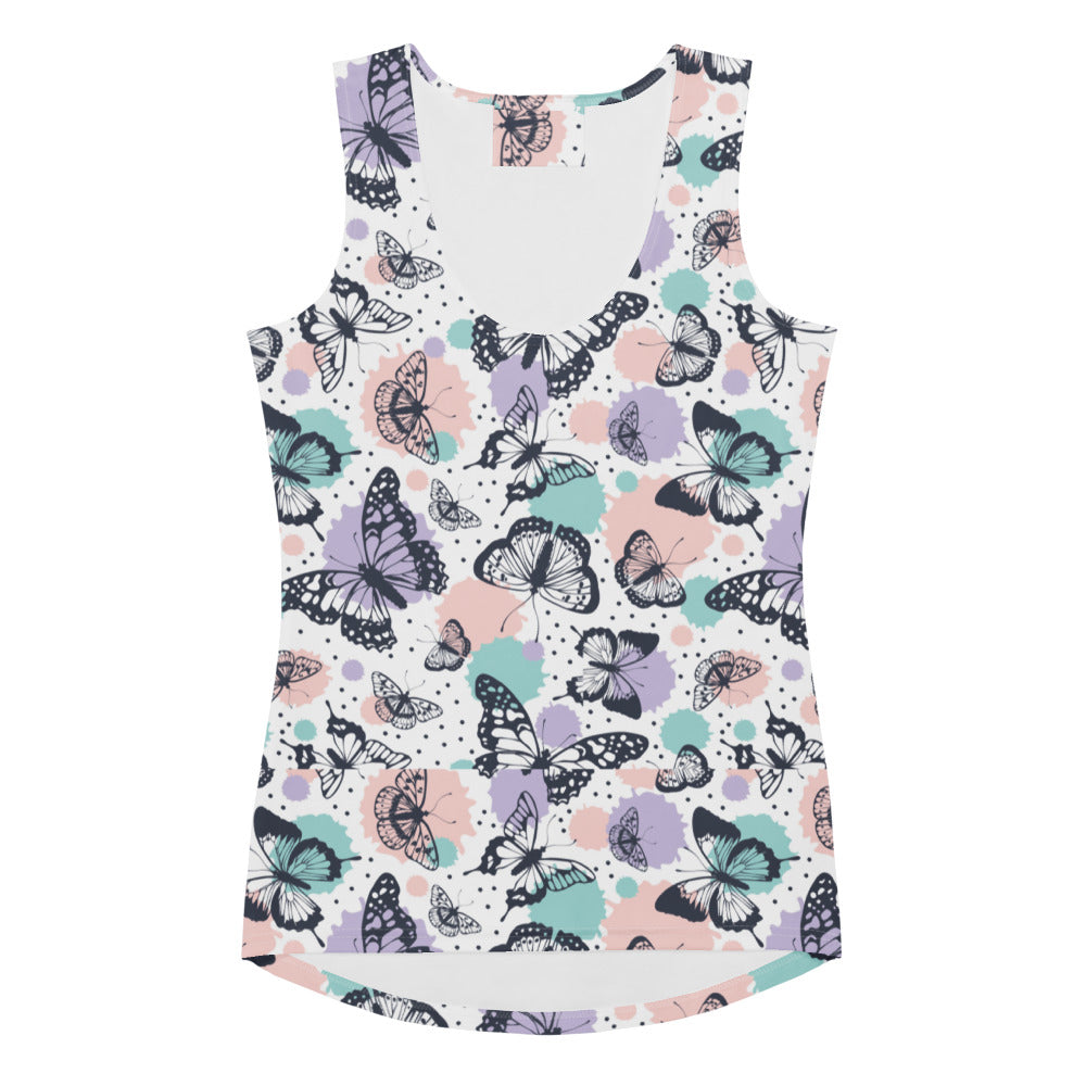Women’s pastel butterfly tank top with vibrant black purple teal print on white quick drying fabric with UPF 50+