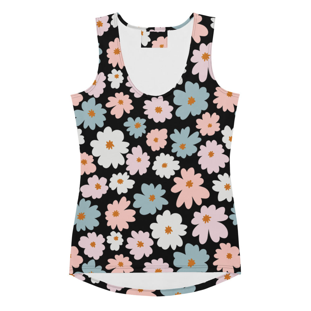 Women’s retro floral tank top with quick drying buttery soft black fabric featuring vibrant pink white and blue flowers