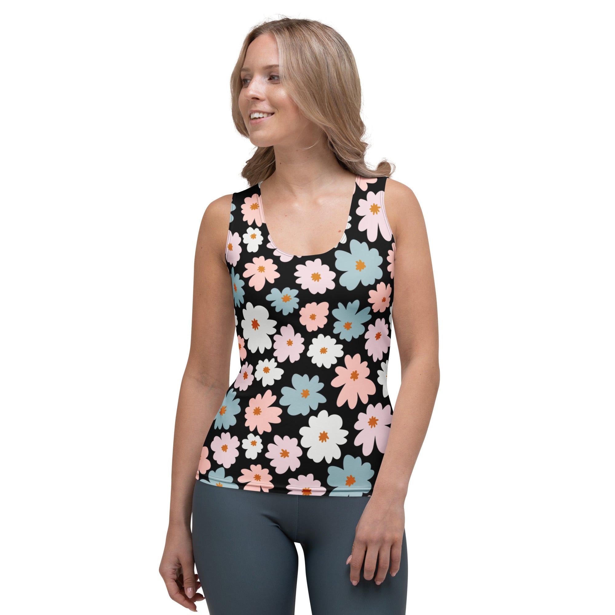 Women’s retro floral tank top with black fabric pastel pink white and light blue daisies quick drying upf 50+