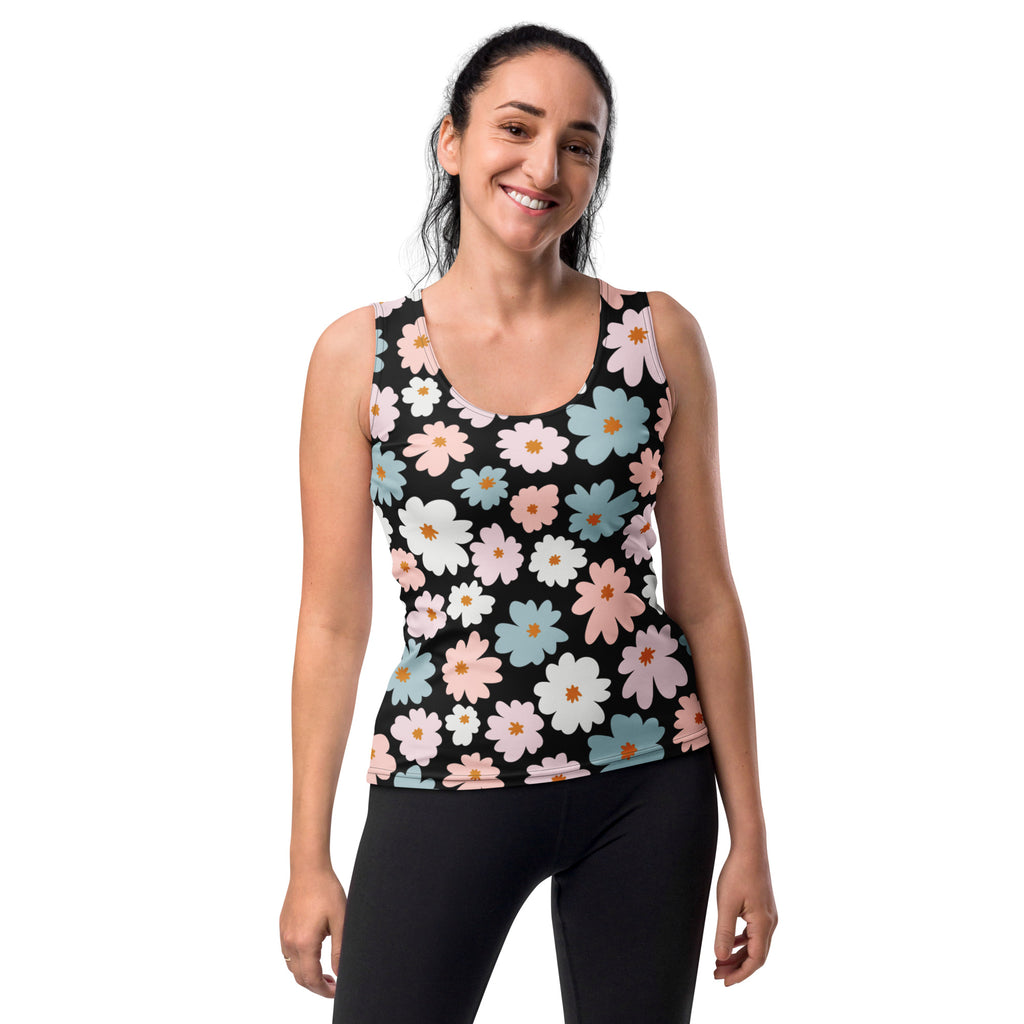 Women’s retro floral tank top in black with pastel pink white and light blue daisies quick drying buttery soft fabric upf 50+