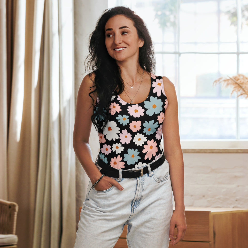 Women’s retro floral tank top in black with vibrant pink white and blue pattern quick drying buttery fabric upf 50+