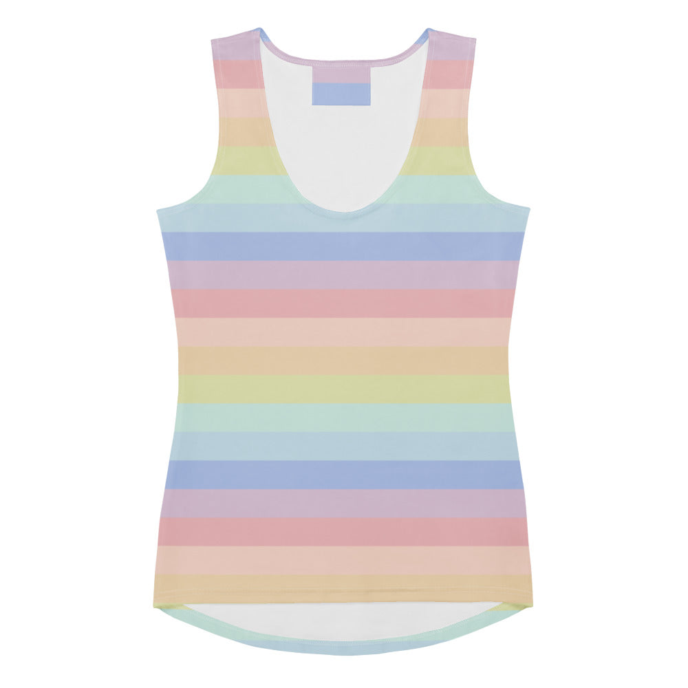 Women’s pastel rainbow striped tank top with scoop neckline high-low hem quick drying buttery soft fabric upf 50+