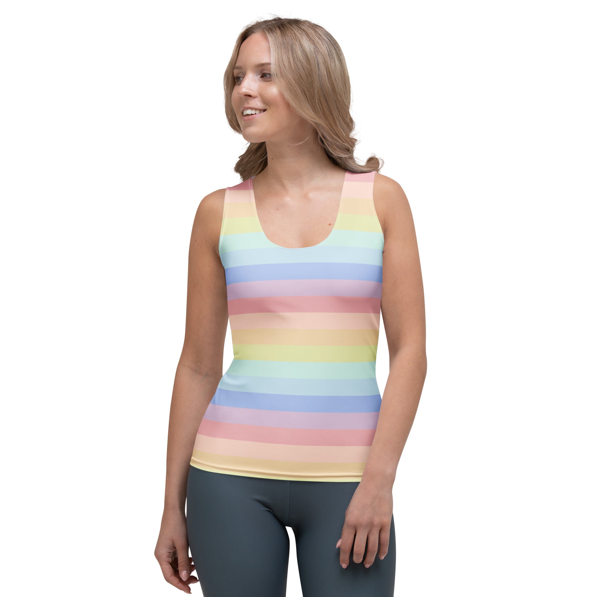 Women’s pastel rainbow stripes tank top with quick drying buttery soft fabric and upf 50 plus sun protection