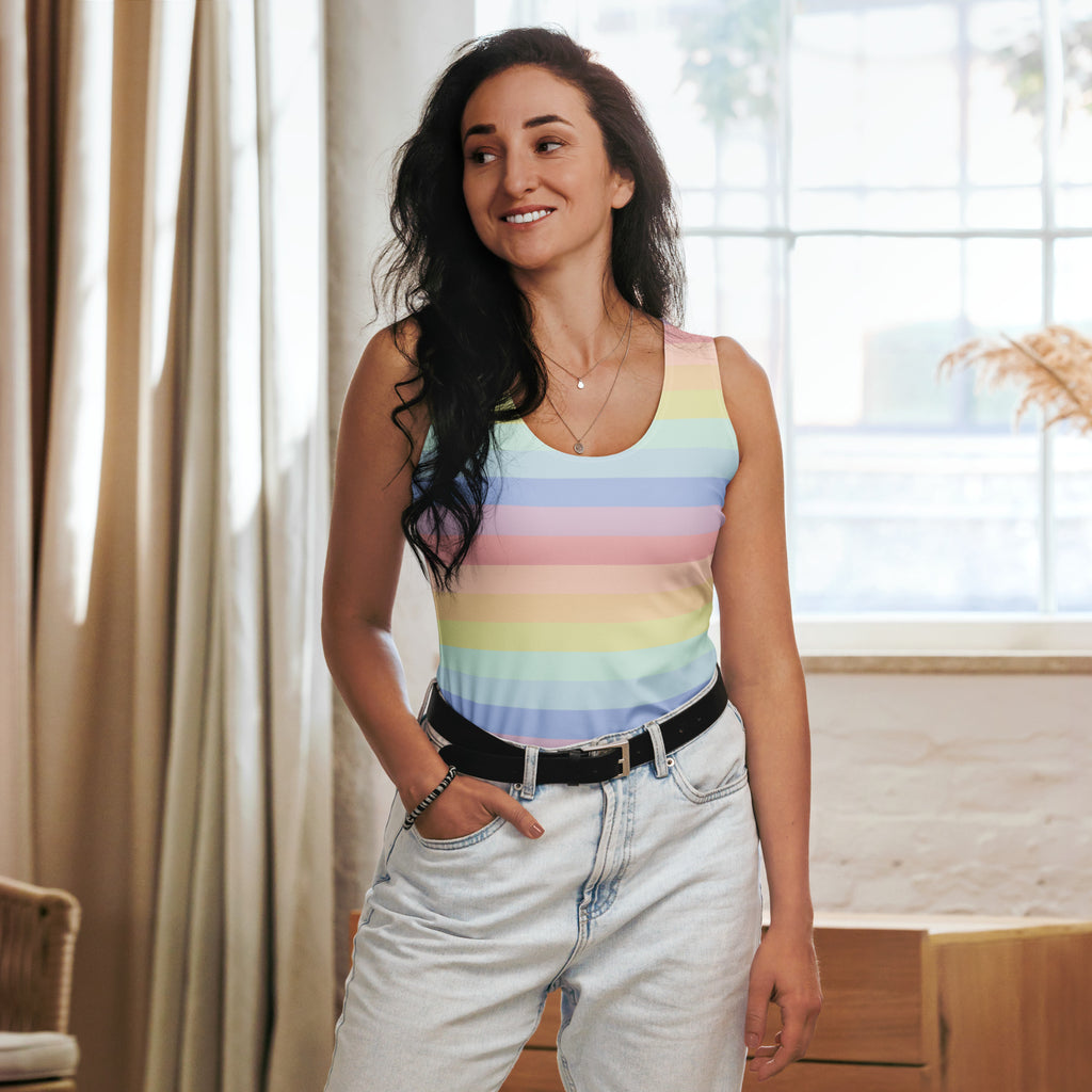 Women’s pastel rainbow stripes tank top with quick drying buttery soft fabric and upf 50 plus protection