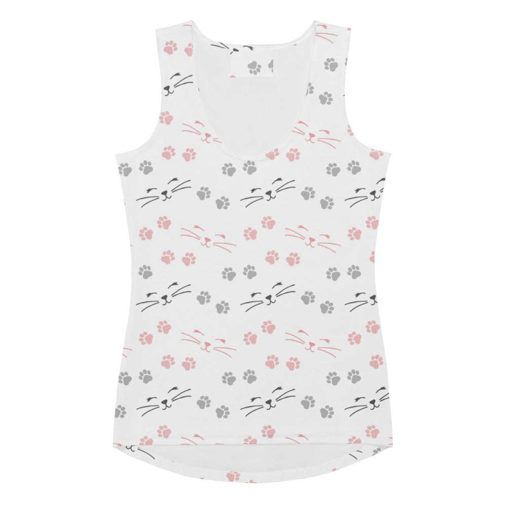 White sleeveless tank top with pink and gray cat faces and paw prints in quick drying buttery soft fabric with upf 50+
