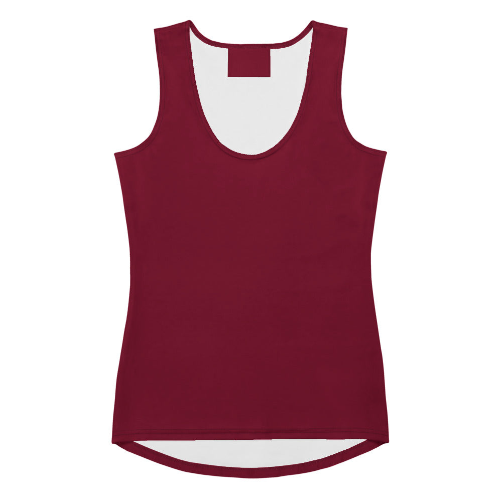 A women’s burgundy quick drying tank top with white inner lining and buttery soft fabric with UPF 50 plus protection