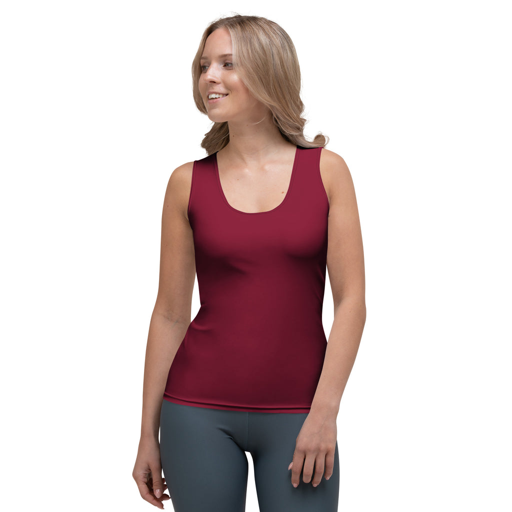 A fitted sleeveless maroon tank top with a scoop neckline made of quick drying buttery soft fabric with UPF 50+