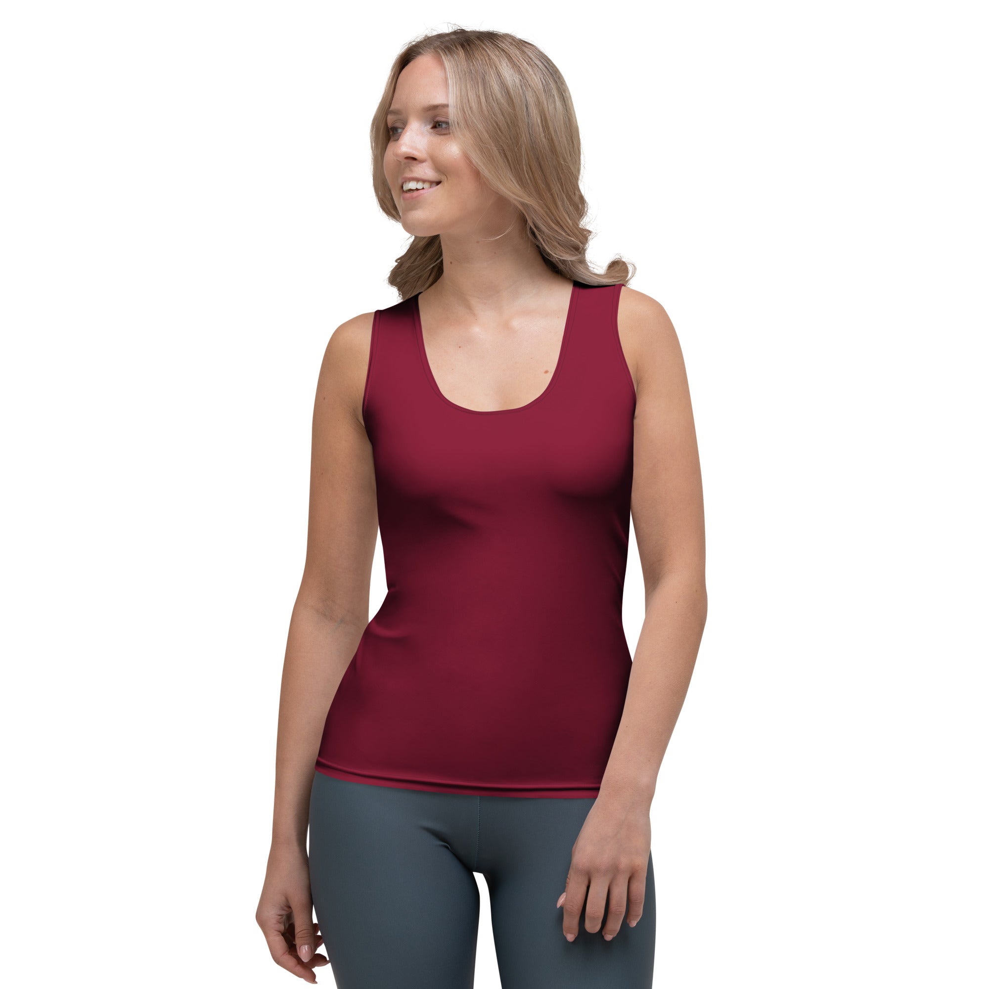 A fitted sleeveless maroon tank top with a scoop neckline made of quick drying buttery soft fabric with UPF 50+