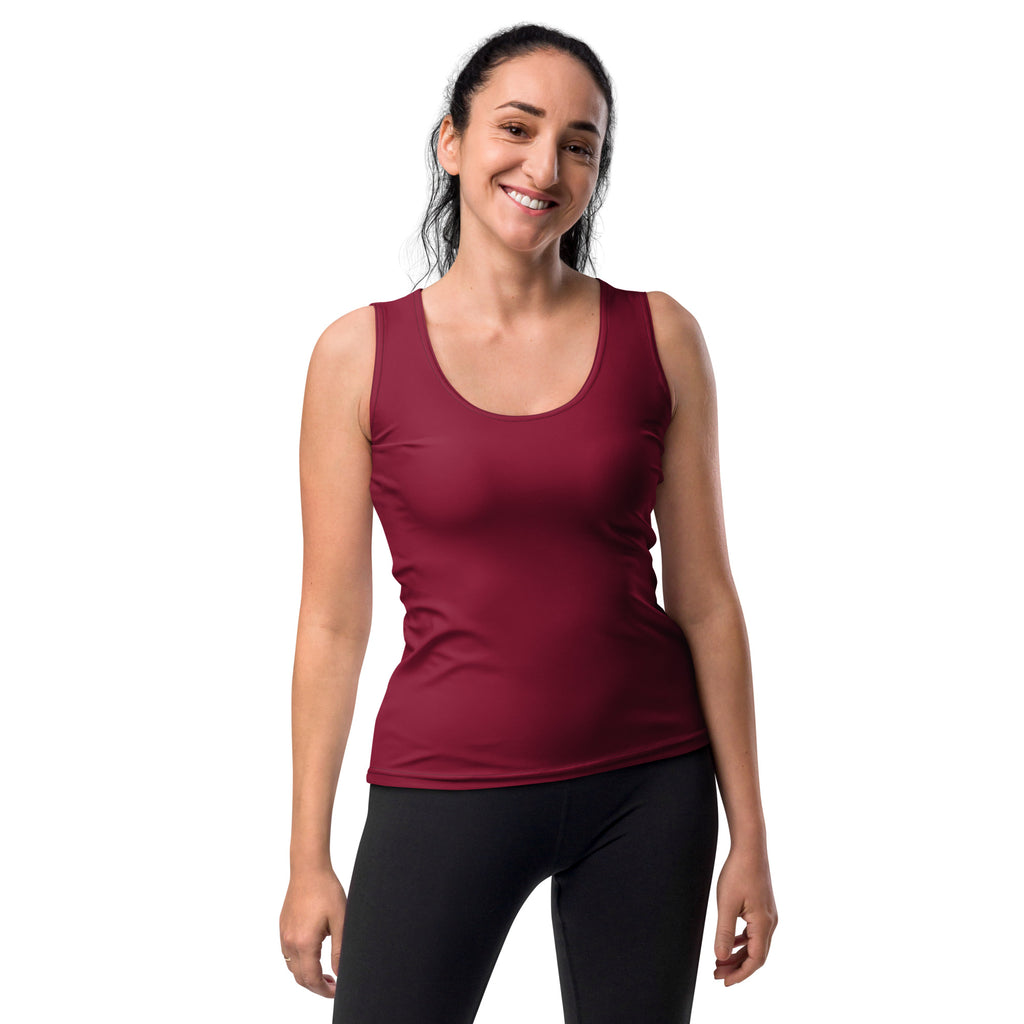 Women’s burgundy tank top with rounded neckline quick drying buttery soft fabric and upf 50 plus protection