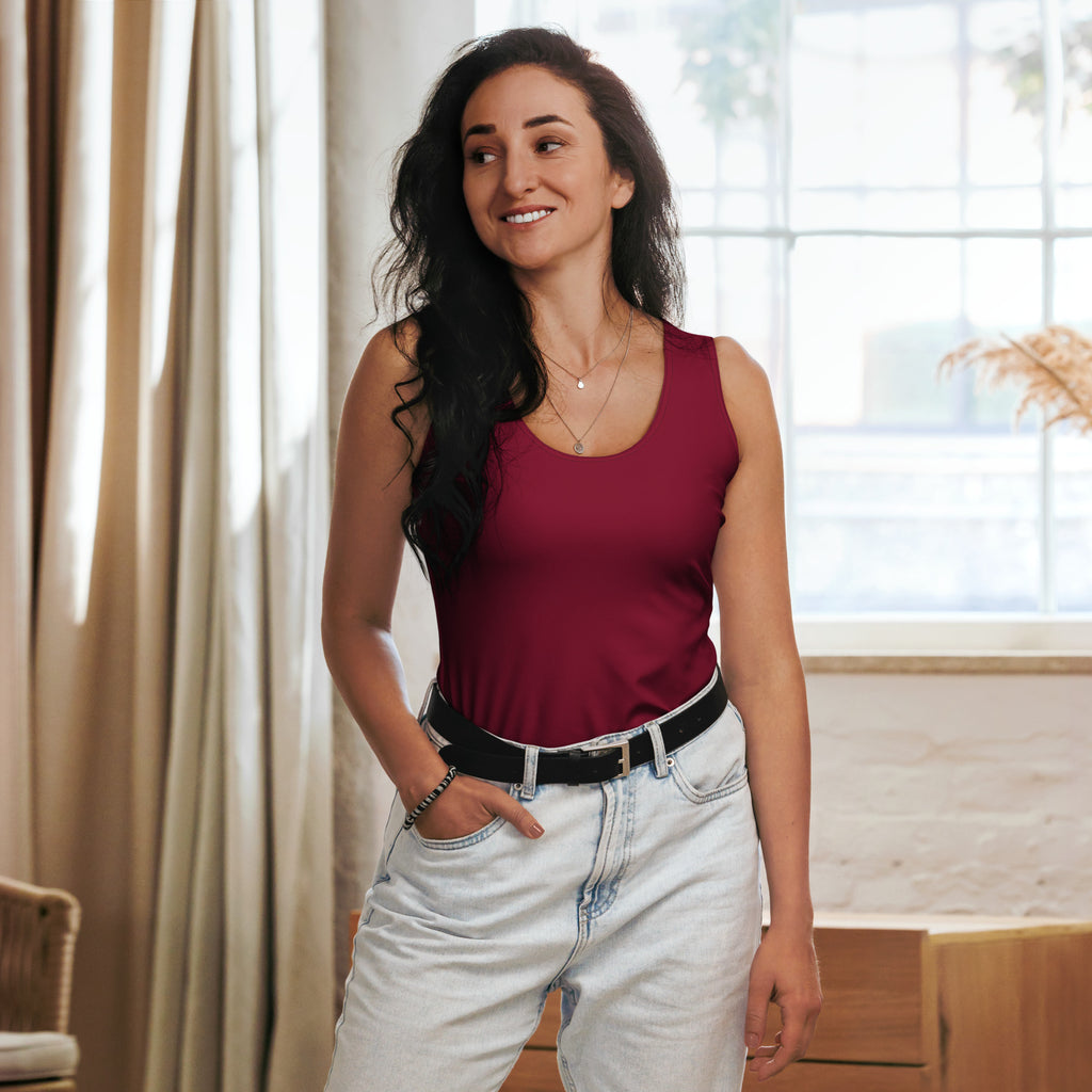 Women’s burgundy tank top with rounded neckline quick drying buttery soft fabric and UPF 50 plus protection
