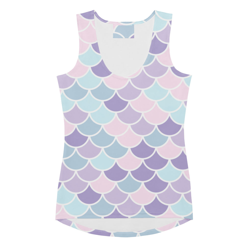 Women’s sleeveless tank top with pastel mermaid scale pattern in pink lavender and blue quick drying buttery soft fabric with upf 50+