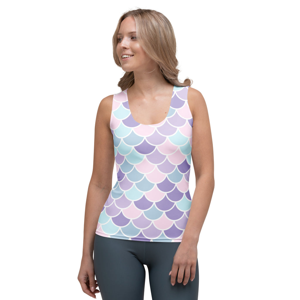 Women’s mermaid scales tank top in pastel pink lavender and blue with quick drying buttery soft fabric and upf 50+
