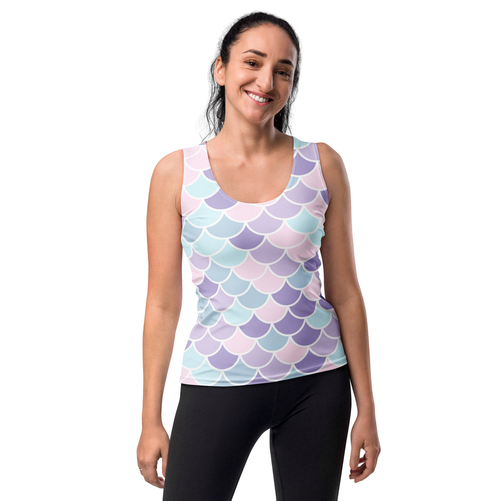 Women’s mermaid scales tank top with soft pastel lavender mint green and pale pink quick drying fabric and UPF 50+