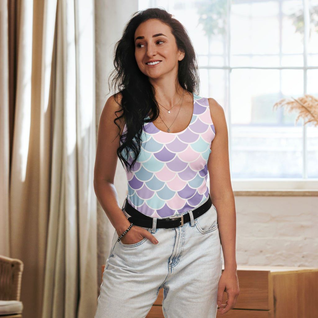 Women’s pastel mermaid scales tank top with quick drying buttery soft fabric and upf 50 plus protection