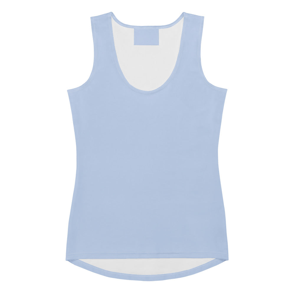 Women’s light blue sleeveless tank top with scoop neckline and curved hem made from quick drying buttery soft fabric and UPF 50+