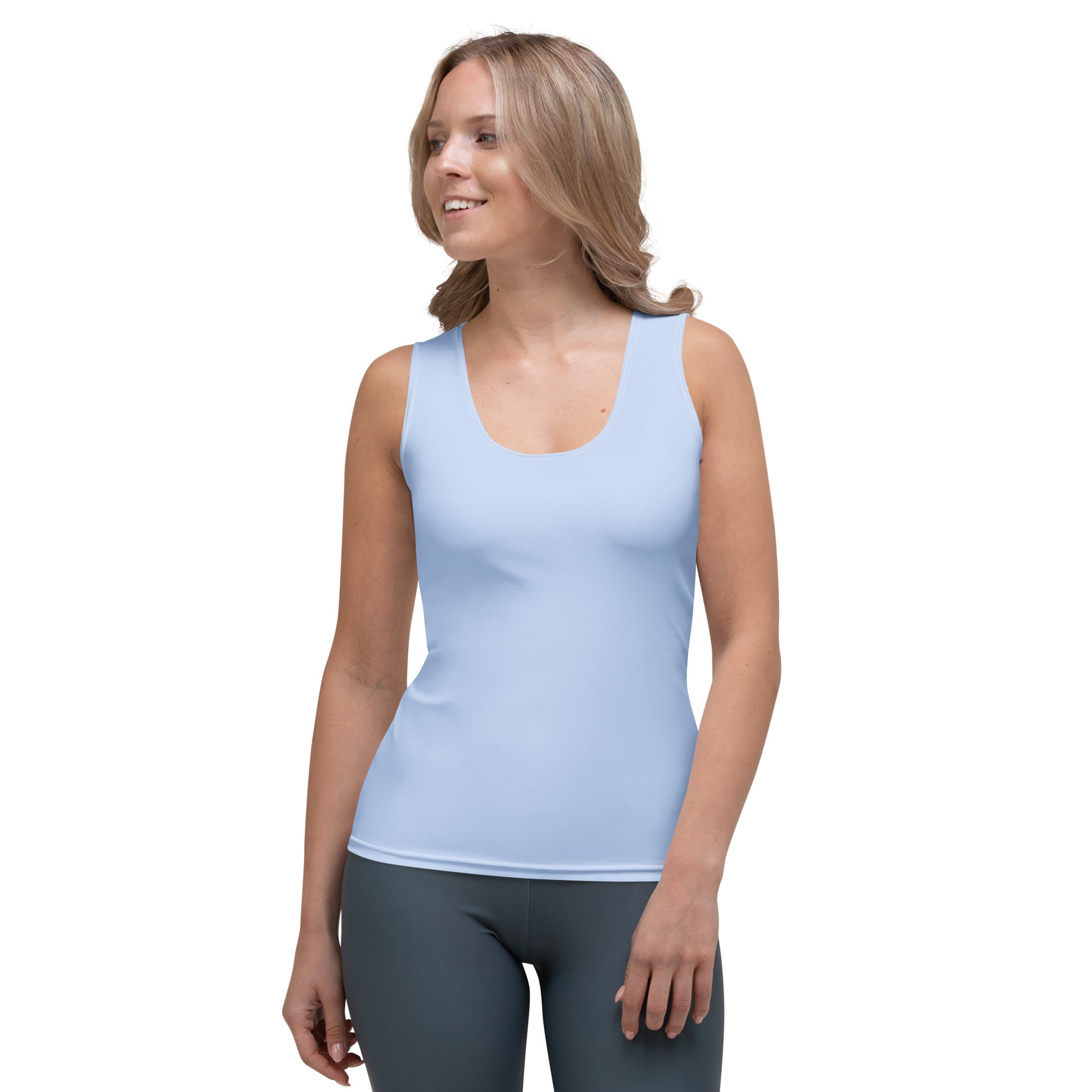 Women’s light blue sleeveless tank top with rounded neckline quick drying buttery soft fabric and upf 50 plus protection