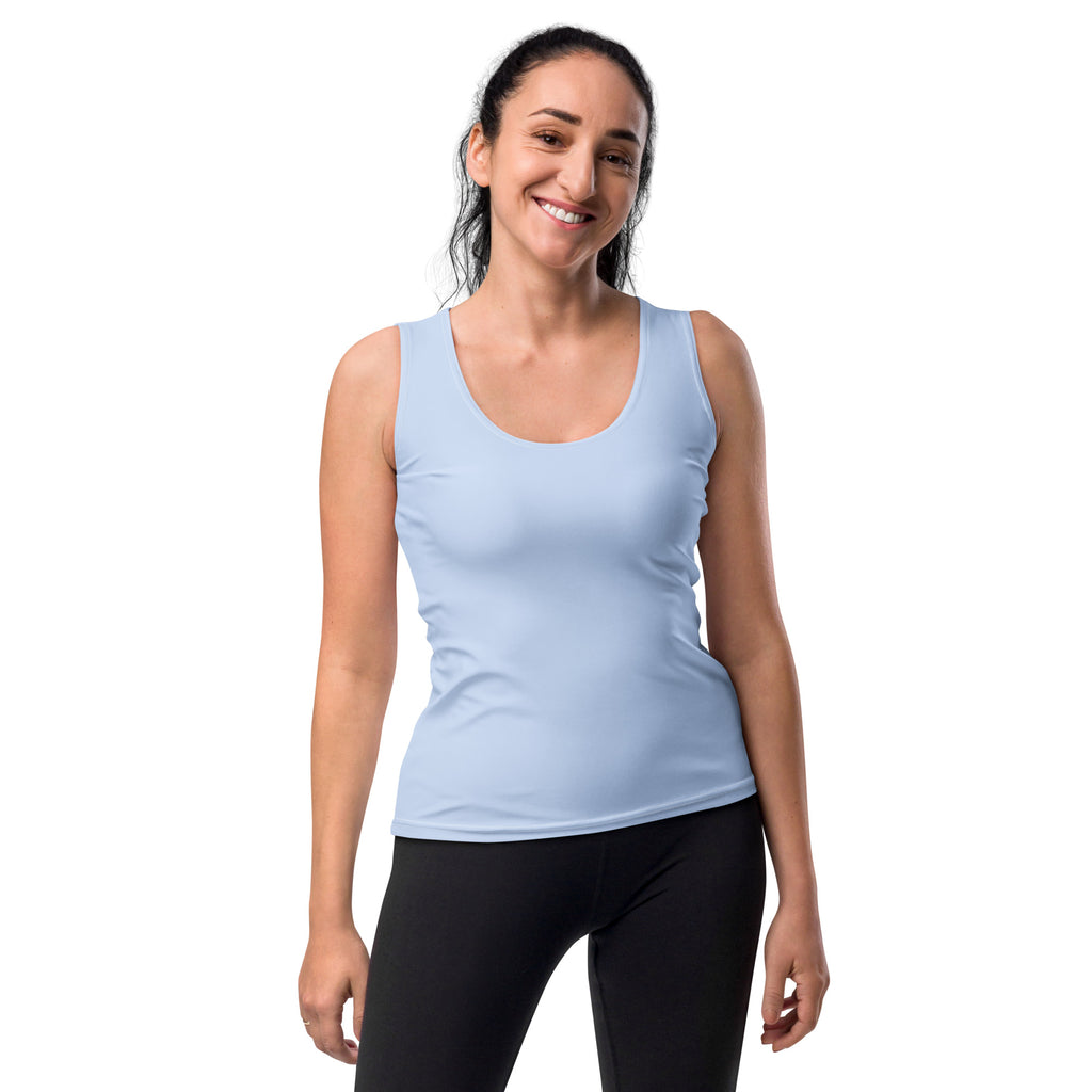 Women’s light blue sleeveless tank top with rounded neckline made of quick drying buttery soft fabric with upf 50+