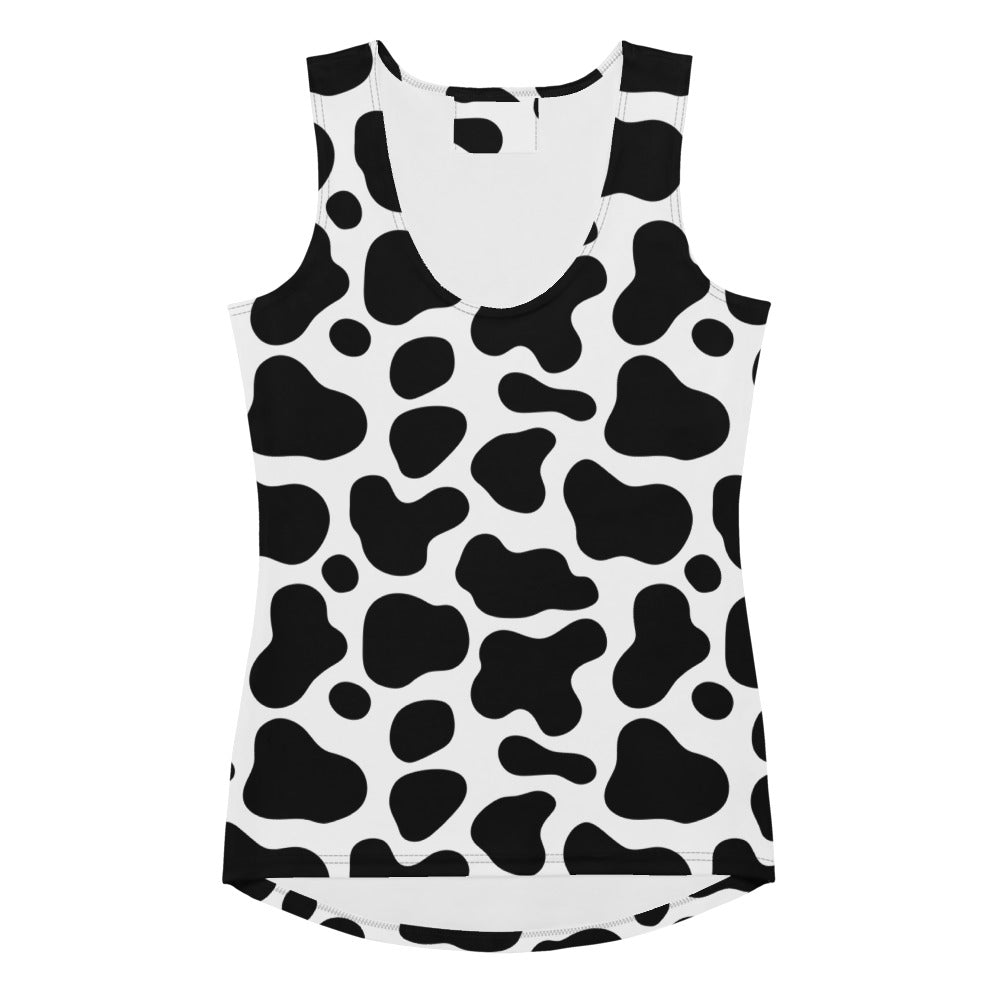 Women’s black and white cow print tank top made from quick drying buttery soft fabric with upf 50 plus protection