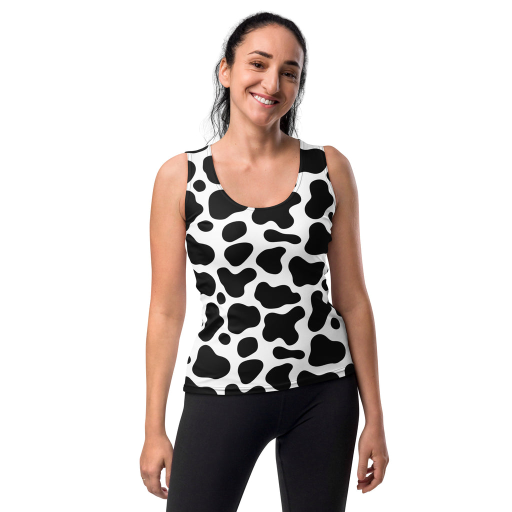 Women’s cow print tank top in black and white with quick drying buttery soft fabric and upf 50 plus protection