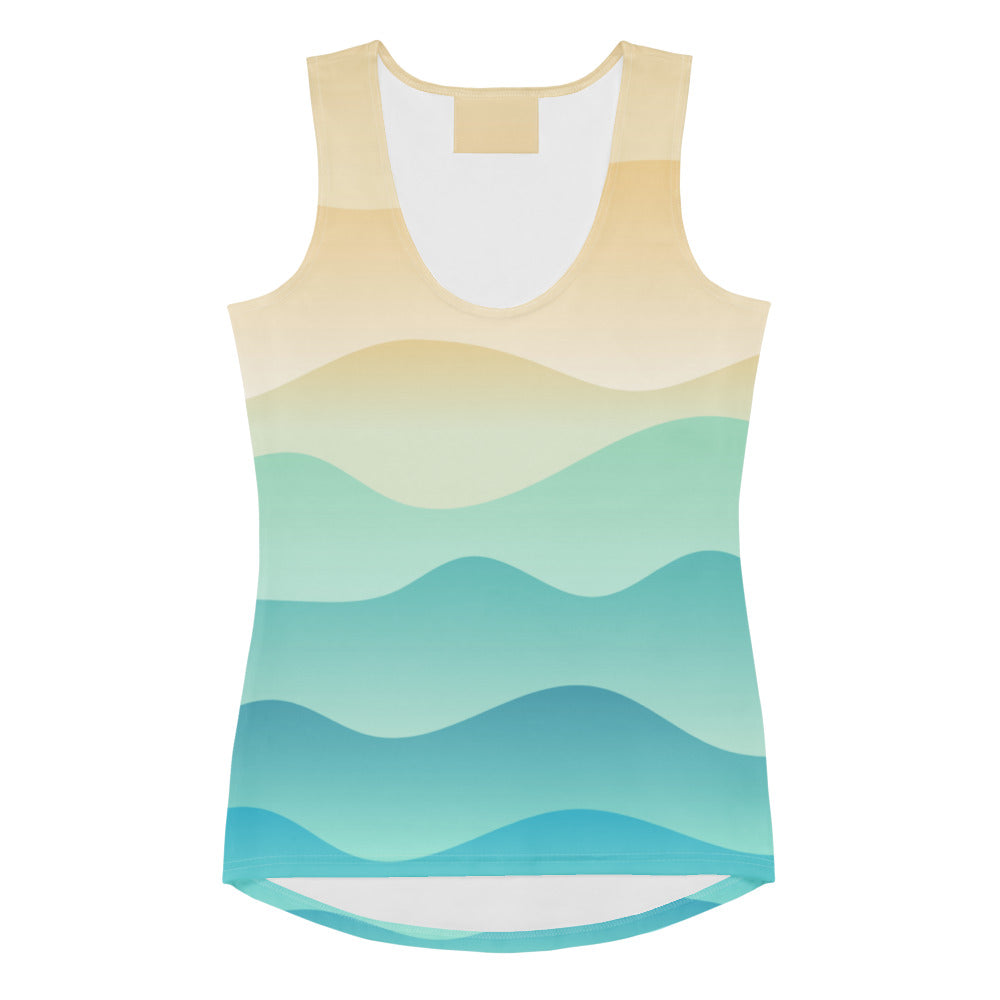Women’s coastal wave tank top with gradient beige to teal wavy stripes quick drying buttery soft fabric upf 50+