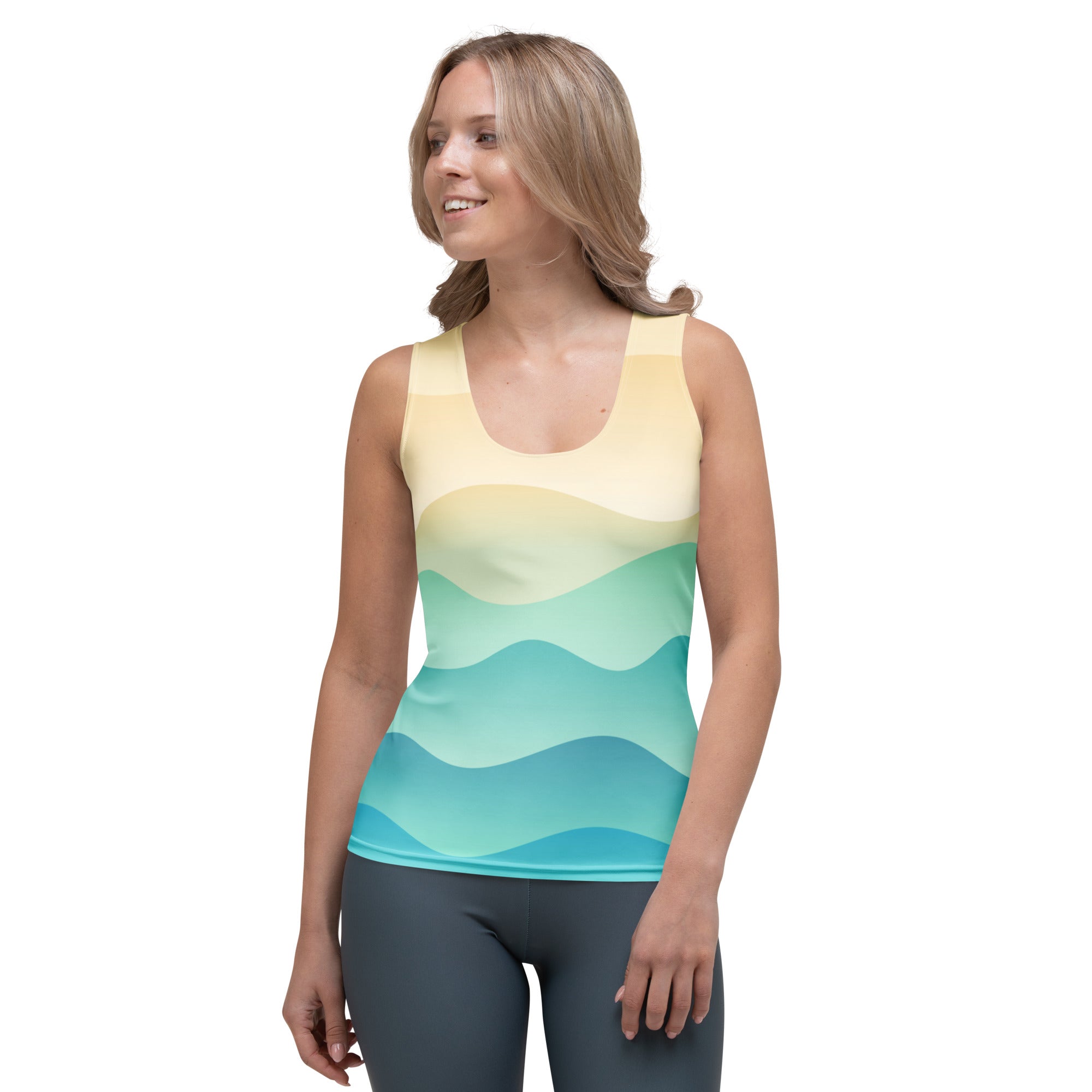 Women’s coastal wave tank top with gradient yellow to teal waves quick drying buttery soft fabric upf 50+
