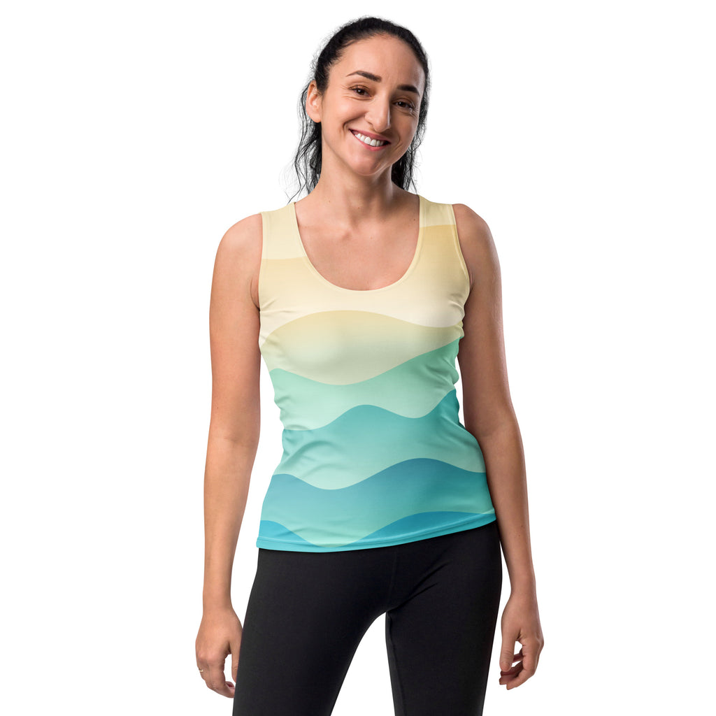 Women’s coastal wave tank top in soft yellow to teal gradient with quick drying buttery soft fabric and upf 50+ protection