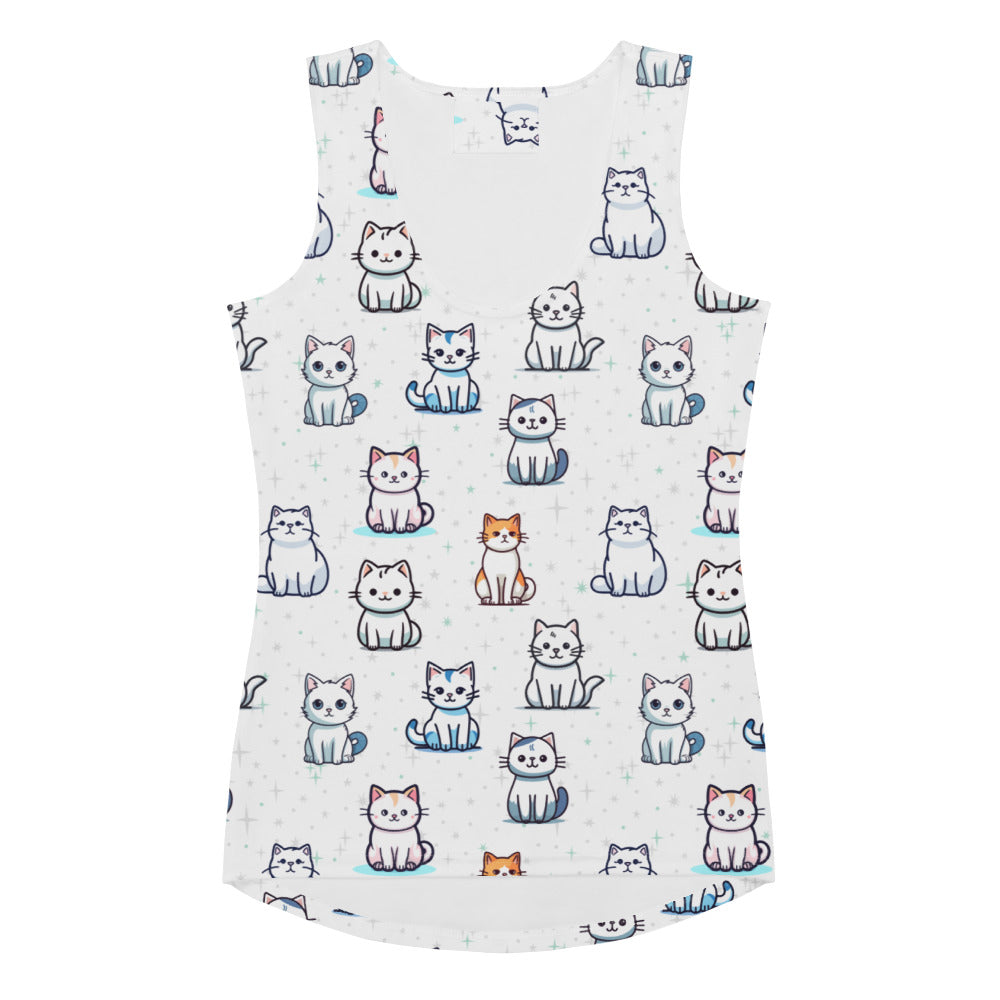 White women’s sleeveless cat tank top with quick drying buttery soft fabric and upf 50 plus featuring colorful cartoon cats