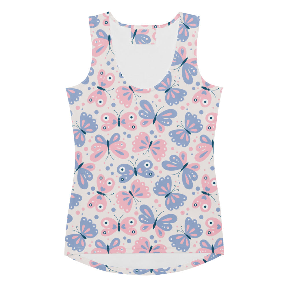 Women’s pastel butterfly tank top with quick drying buttery soft fabric and upf 50 plus in pink blue design