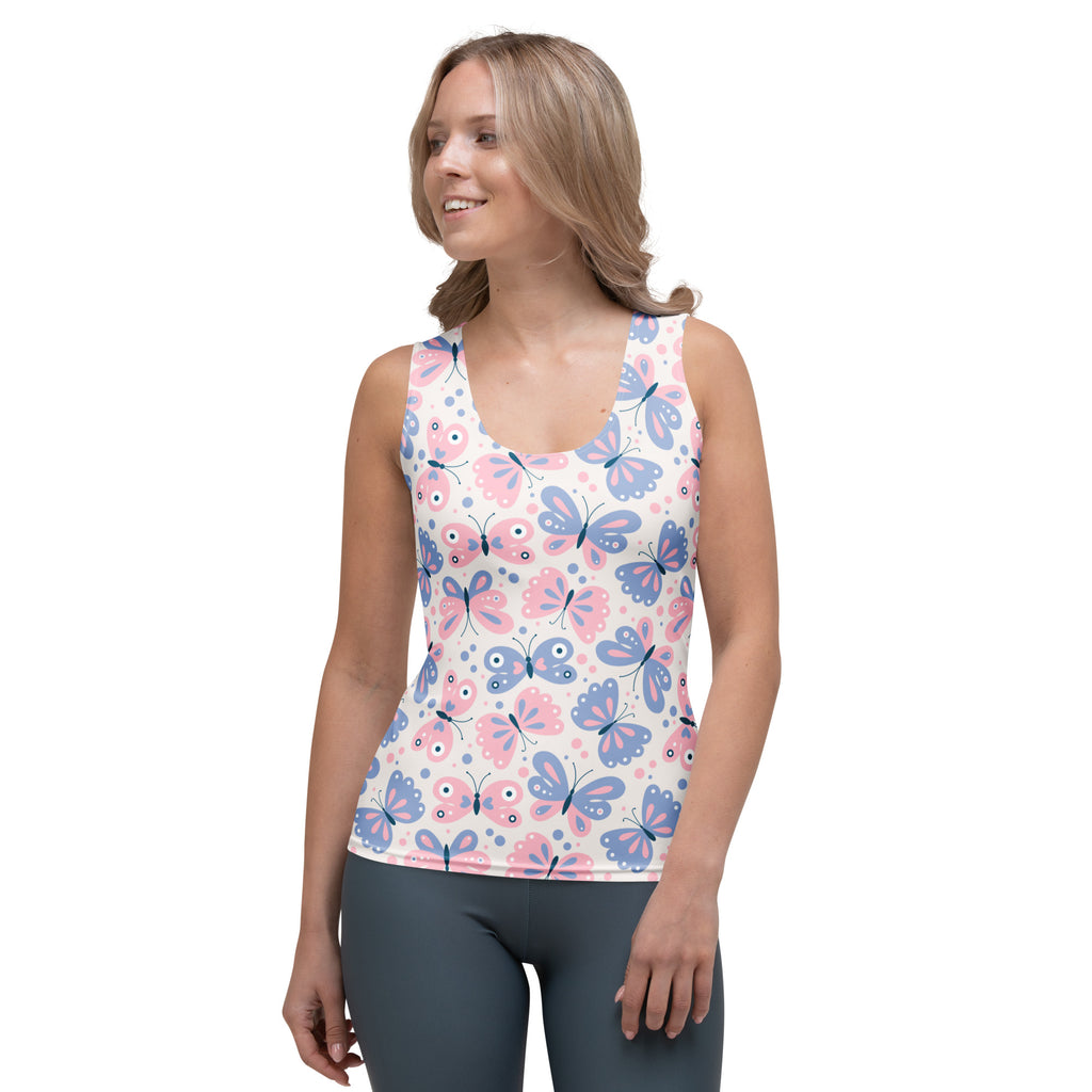 Women’s white tank top with pink and blue butterflies in quick drying buttery soft fabric with upf 50+