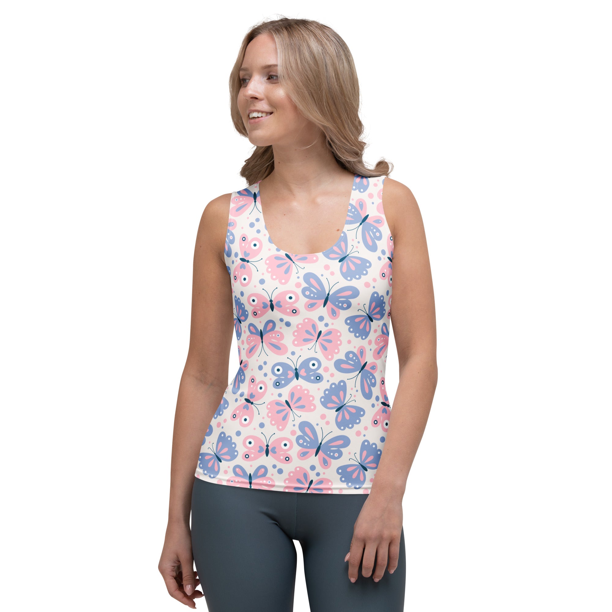 Women’s white tank top with pink and blue butterflies in quick drying buttery soft fabric with upf 50+