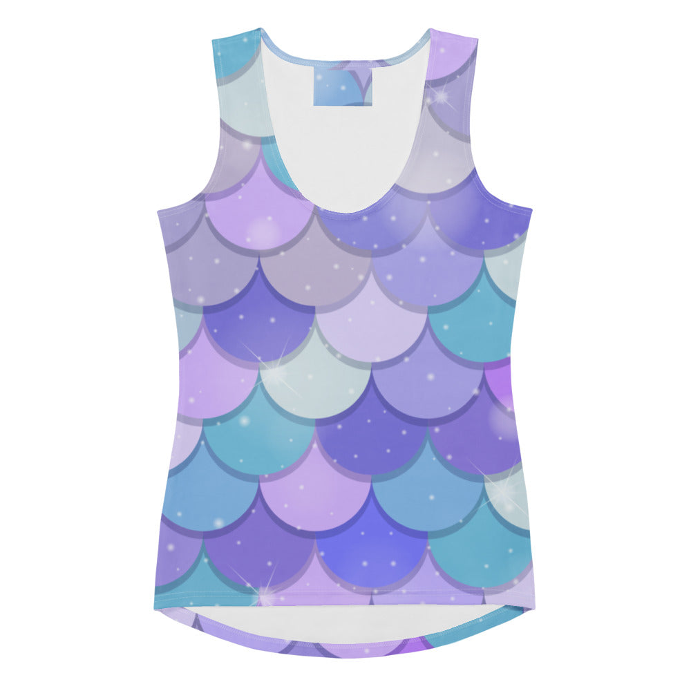 Women’s purple mermaid scale sleeveless tank top with vibrant gradient sparkles in quick drying buttery soft fabric